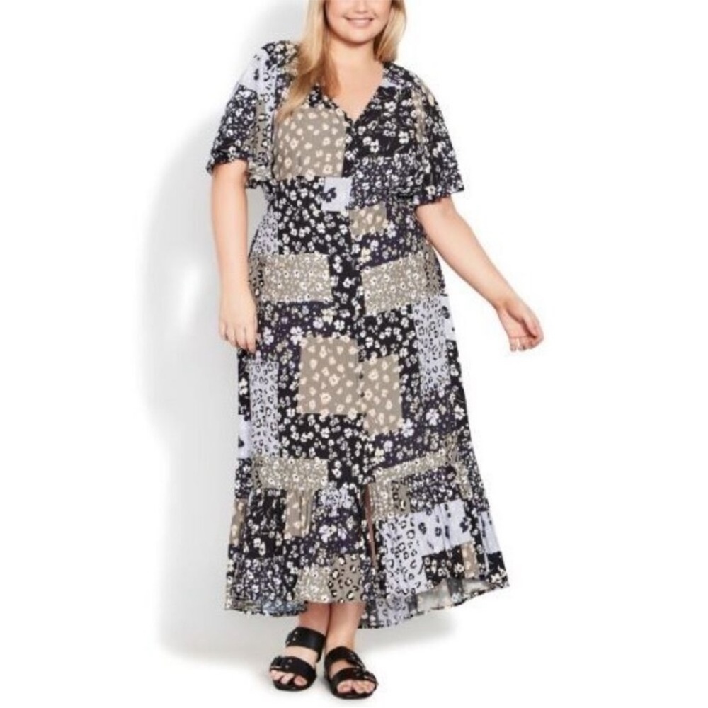 Evans Sasha Patchwork Floral Leopard Button Front Maxi Dress Size 22/24